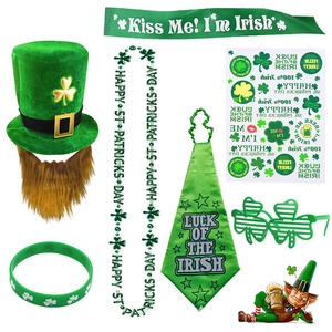 Detailed flat lay of St. Patrick's Day party set including clover glasses and hat