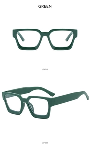 Detail view showing front and 45-degree angle of green square oversized frame sunglasses