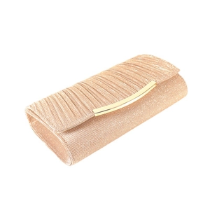 Champagne gold pleated fabric evening clutch bag with glitter finish and metal trim