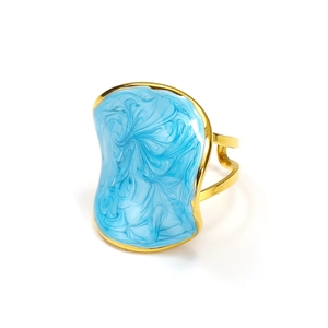 French style 18k gold plated stainless steel open ring with blue enamel swirl design