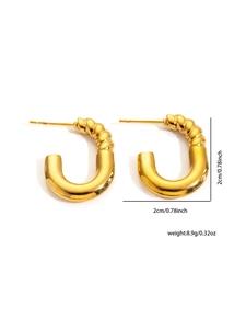Detail view of gold titanium steel earrings showing 2cm size and 8.9g weight specifications