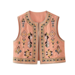 Women Ethnic Geometric Embroidered Vest Retro Bohemian Open Front Sleeveless V Neck Waistcoat Top