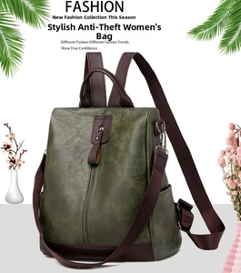 Detail view of anti-theft zipper opening on back of vintage green PU leather backpack
