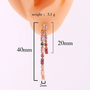 Long tassel earrings with colorful baguette-cut zircons and gold base measurement view