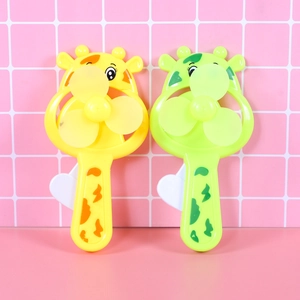 Cute giraffe-shaped manual press fans for kids in vibrant yellow and green colors