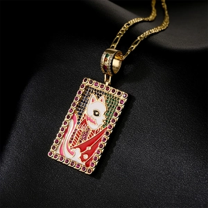Hip-hop style 18K gold plated necklace with fox mask pendant and colorful zircons