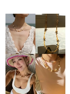 Detailed views of starfish beaded necklace set on model and window in beach resort style