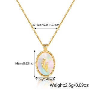 Detailed view of tulip pendant necklace with pearl shell inlay and exact dimensions