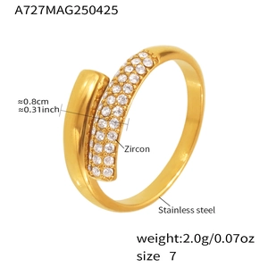 Detailed specs of stainless steel wrap ring with zircon pave settings and size measurements