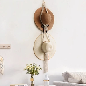 Bohemian handwoven cotton rope hat holder with wooden ring for two sun hats