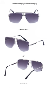 Three-angle view of silver rimless sunglasses with gradient gray lenses and metal frames