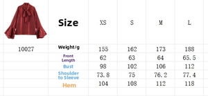 Size chart showing exact dimensions and weight for the French style striped blouse