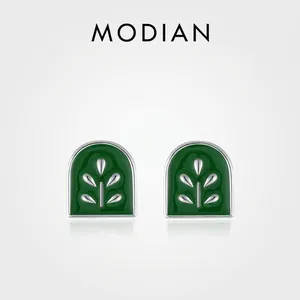 925 Sterling Silver Green Enamel Plant Leaf Stud Earrings Arch Shape Vintage Elegant Minimalist Jewelry For Women