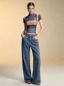 Jeans Femme Taille Haute Jambe Large En Denim De Coton Lavé Pantalon Décontracté Ample Avec Détail Nœud Au Dos