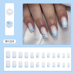 Blue and white French press-on nails set with glitter stripes and W1224 pattern