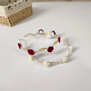 Elegant gold metal headband with red rose and white pearl floral design for women