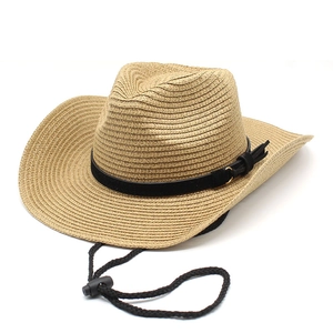 Western Cowboy Hat Woven Straw Wide Brim Sun Protection Breathable Summer Beach Travel Outdoor With Wind Lanyard Unisex