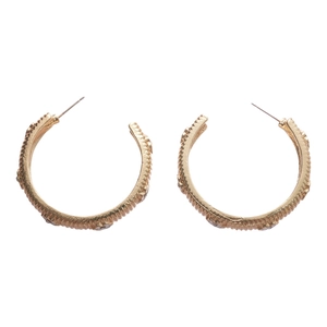 Golden C-shaped hoop earrings with vertical texture and floral crystal embellishments