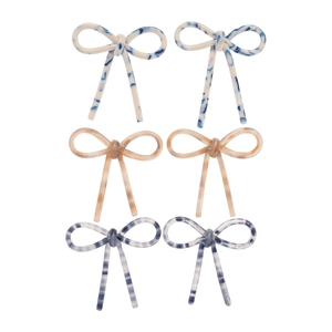 Set of 6 acetic acid bow stud earrings in blue marble, beige wood, and grey blue stripes