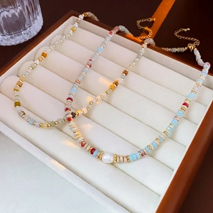 Colorful Beaded Necklace Alloy Artificial Pearl Natural Stone Baroque Minimalist Boho Clavicle Chain Jewelry For Women