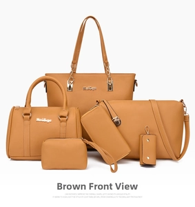 Detailed set of six brown leather handbags including tote, shoulder bag and wallets