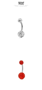 Detail view of Shamballa navel rings with sparkling silver and red pave crystal balls