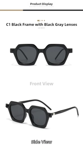 Detail view of black geometric polygon sunglasses with grey lenses and metal accents