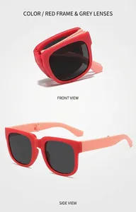 Foldable kids sunglasses with red frames and gray lenses, front and side detail view