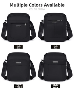 Detail view of four black waterproof crossbody bags showing various zipper compartments