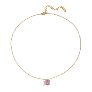 Detailed view of pink square zircon pendant on a gold stainless steel chain