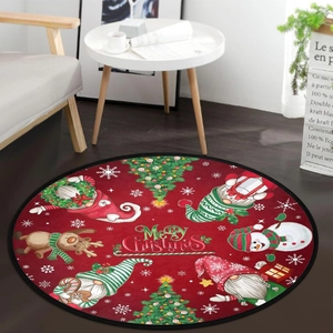 Detailed view of round Christmas rug featuring Santa gnomes and festive holiday patterns