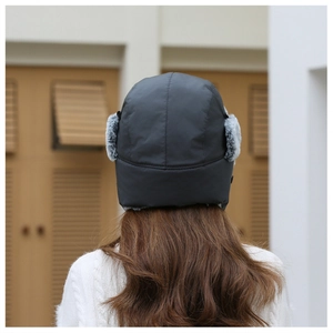Rear view of deep gray winter trapper hat with artificial gray fur lining and earflaps