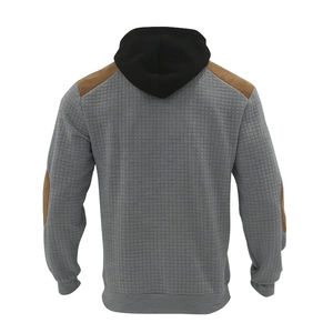 Detailed back view of men's grey quilted hoodie with brown shoulder and elbow patches