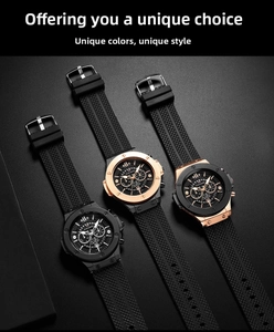 Detail of three multi-functional quartz watches with textured black rubber straps