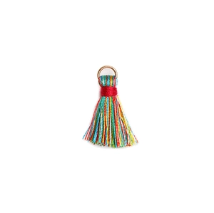 Detailed view of a multi-colored tassel pendant with a premium gold-tone metal ring