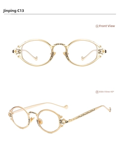 Detailed front and 45-degree side view of vintage steampunk gold oval engraved sunglasses
