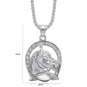 Detail view of horse head pendant with dimensions 53mm by 34mm and inlaid rhinestones
