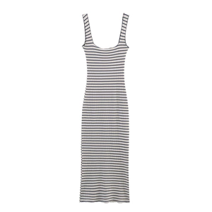Sleeveless Striped Knit Maxi Dress Slim Fit Bodycon Ribbed Polyester U Neck Casual Elegant Fashion Long Dress