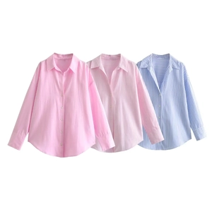 Women's cotton oxford shirts in solid pink and blue stripes with long sleeves