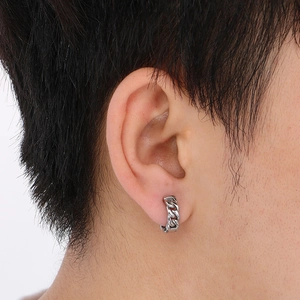 Silver cuban chain link drop earrings for men made of polished stainless steel