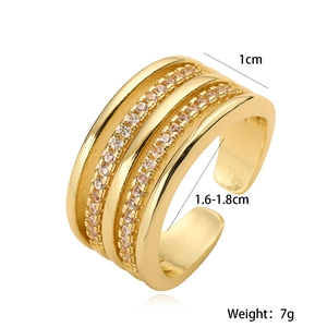 Gold wide double-row zircon geometric open ring with adjustable band 1cm width