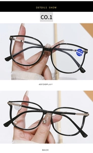 Detail view of black oversized reading glasses with +2.00 blue light blocking lenses