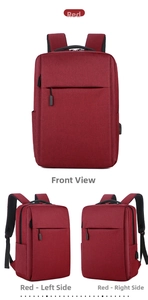 Detailed views of red business laptop backpack featuring USB charging port and oxford fabric