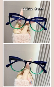 Detail of cat eye glasses frame showing blue and green gradient finish and sleek side arm