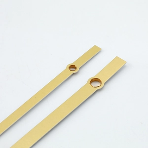 Minimalist gold metal quartz clock hands set with brushed finish and precision round holes