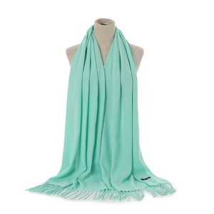 Detail of mint green cashmere-feel scarf showing fine woven texture and soft tassels