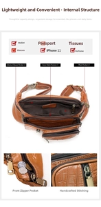 Detailed view of brown crocodile texture leather waist bag with multiple functional pockets