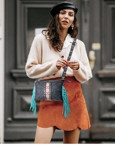 Bohemian black PU leather crossbody bag with teal tassels and ethnic embroidered strap