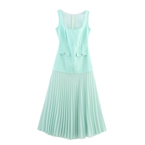 Sleeveless Square Neck Tweed Patchwork Pleated Maxi Dress For Women Elegant High Waist Mint Green Summer Long Dress