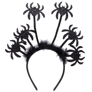 Detail of Halloween black spider headband with glitter spiders and feather trim on white back